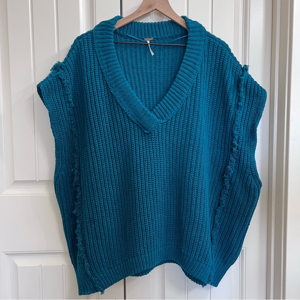 Free People Womens Clyde Sweater Vest Chunky Knit in Teal Green, Size XS